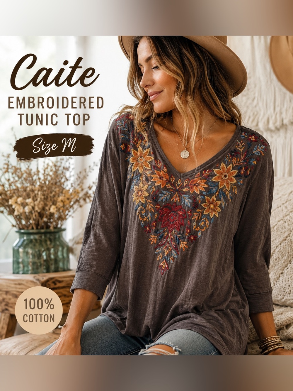 Caite M Embroidered Cotton Tunic Top Boho Floral Raw Edge Gray 3/4 Sleeve